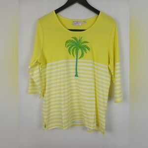 Quacker Factory NWT Palm Beach Yellow Large 3/4 Sleeve Striped T-Shirt A263554